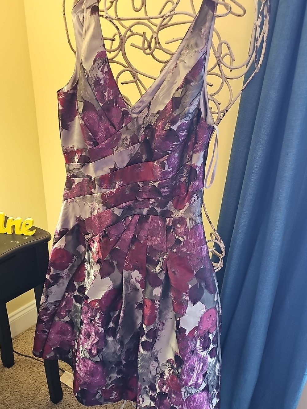 White House Black Market Purple and Silver V-Neck Dress